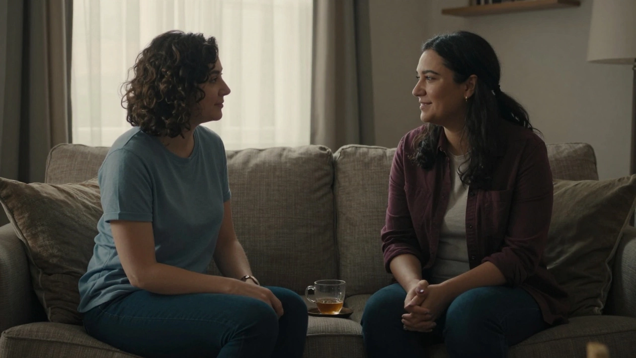 A client and provider sitting calmly together in a quiet, respectful setting with natural light.