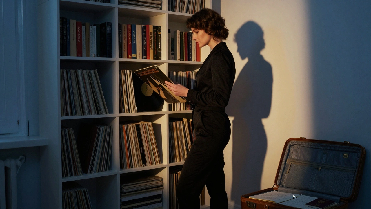A Russian woman holding a vintage jazz record in her Moscow apartment surrounded by books.